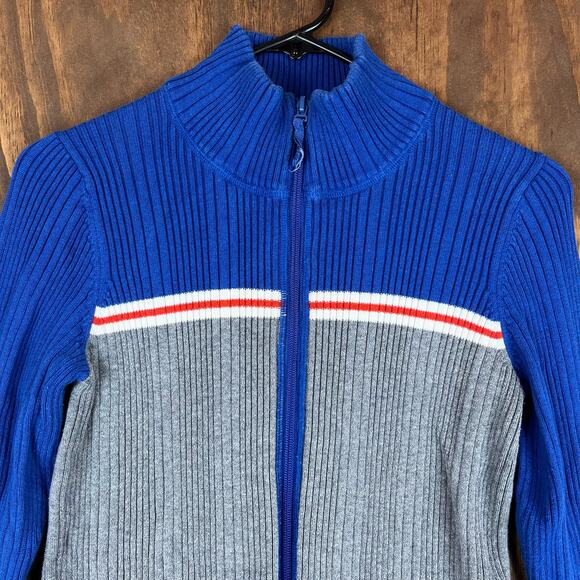Eddie Bauer Womens Sweater Blue Gray Cardigan Full Zip Colorblock Ribbed M - Picture 2 of 13